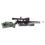 .177 Custom PCP air rifle, barrel threaded for moderator, mounted 4-12 x 50 Dowling scope, front wea