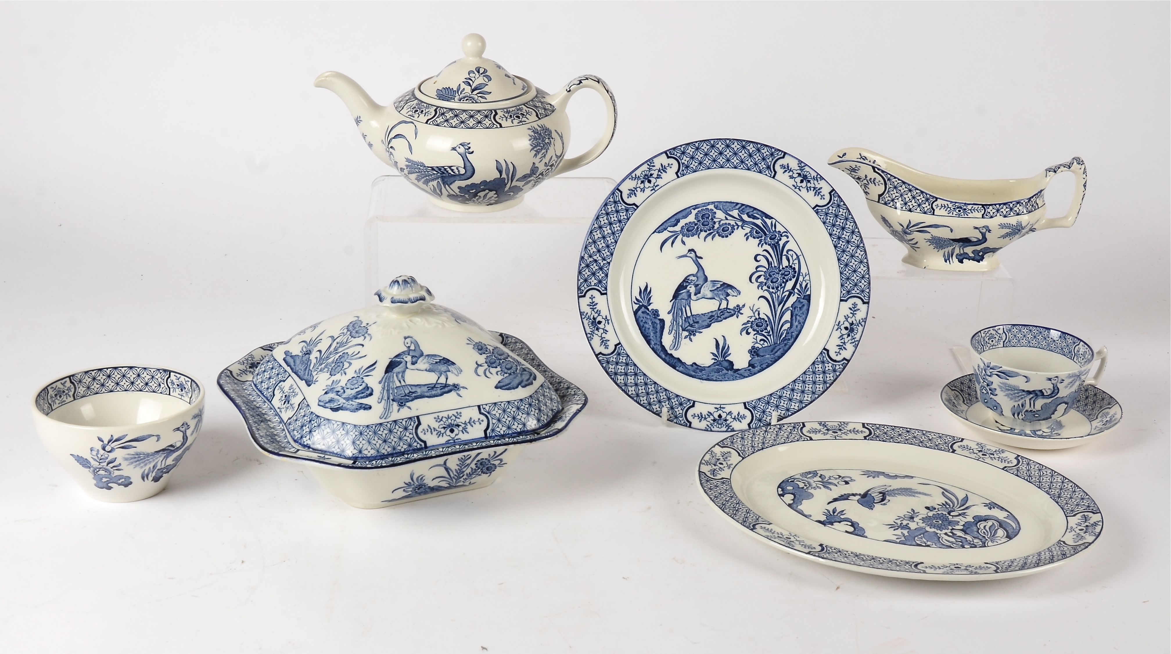 An extensive blue and white Woods and Sons dinner service, in the 'Yuan' pattern with exotic birds