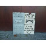 Original Pre Warboys Road Signs, two alloy examples black on white Low Bridge signs 300 yds Ahead