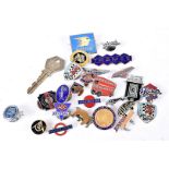 A collection of motor related pin badges and buttons, to include Rolls Royce, Jaguar, Leyland,