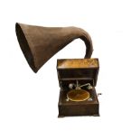 An EMG horn gramophone, Mark Xa, with two-spring soundbox, spring motor, quarter-veneered oak case