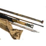 Fishing Rods, two antique rods one Army & Navy London three piece wooden 18 foot rod with three tips