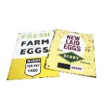 Two Original Egg Advertising Signs, two painted tin signs Fresh Farm Eggs Silcocks Poultry Foods 15"