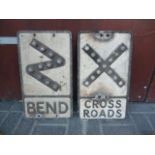 Original Pre Warboys Road Signs, two alloy examples both black on white with reflectors, Bend and