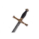 An antique sword, having helmet and crossed lance design to one side of the guard and shield with