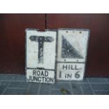 Original Pre Warboys Road Signs, two alloy examples both black on white with reflectors, T