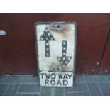Original Pre Warboys Road Sign, an alloy example black on white Two Way Road with reflectors, by