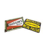 Original Enamelled Matchless Metal Polish and Hudson's Soap Advertising Signs, two small signs