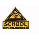 Original AA Road Sign, a yellow and black enamel triangular sign inscribed School Safety First