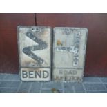 Original Pre Warboys Road Signs, two alloy examples both black on white with reflectors, Bend and