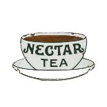 Original Enamelled Nectar Tea Advertising Sign, green lettering on a white ground in the form of a