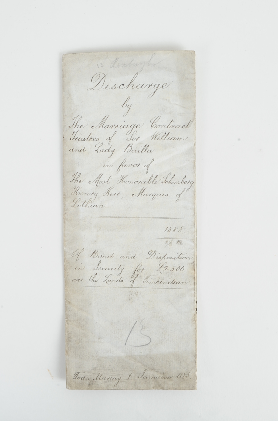 Ephemera, including Marriage Contract discharge in favour of Marquis of Lothian, 1888, centenary