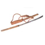 A WWII Burmese Dha, having 58cm long blade, complete with wooden, wire and rope bound scabbard, with