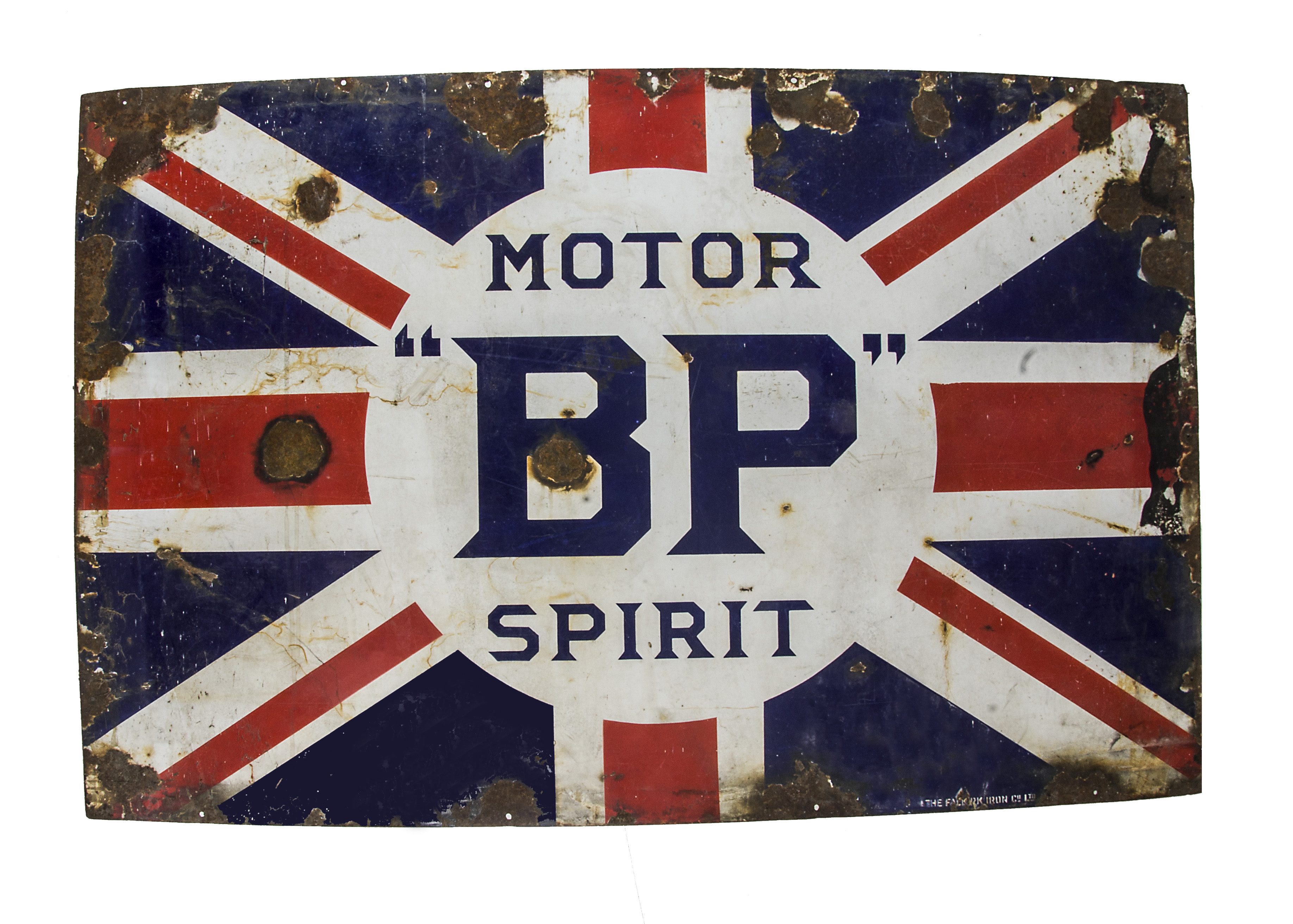 Original Enamelled BP Motor Spirit Advertising Sign, a large example with blue lettering on a