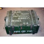 A German World War II green painted wooden gunpowder or components case, the zinc lined case used to