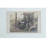 Postcards, loose - P2, RP French chauffeur on house drive working on engine of Renault limousine,