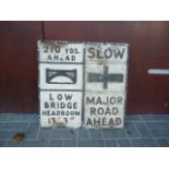 Original Pre Warboys Road Signs, two alloy examples both black on white Low Bridge 210 yds Ahead and