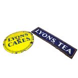 Original Enamelled Lyon's Advertising Signs, two signs comprising Lyon's Tea white lettering on a