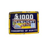 Original Enamelled Sunlight Soap Advertising Sign, blue and yellow enamel pictorial example,