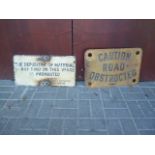 WSCC Notice and Road Obstructed Sign, an alloy notice black on white The Depositing of Material of