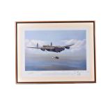 A WWII Lancaster print by Maurice Gardner, titled 'Tallboy Away, signed in pencil by 9 bomber