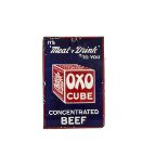 Original Enamelled Oxo Cube Advertising Sign, a pictorial example with white lettering on a blue/red