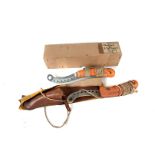 Two British RAF Dinghy Survival knives, both marked 27C/2023 to pierced curved blade, one with