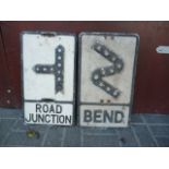 Original Pre Warboys Road Signs, two alloy examples both black on white with reflectors, Bend and