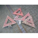 Original Pre Warboys Road Sign, five alloy red triangular post top warning signs, four with