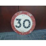 Original Pre Warboys Road Sign, an alloy circular example black, red and white '30' (speed limit)