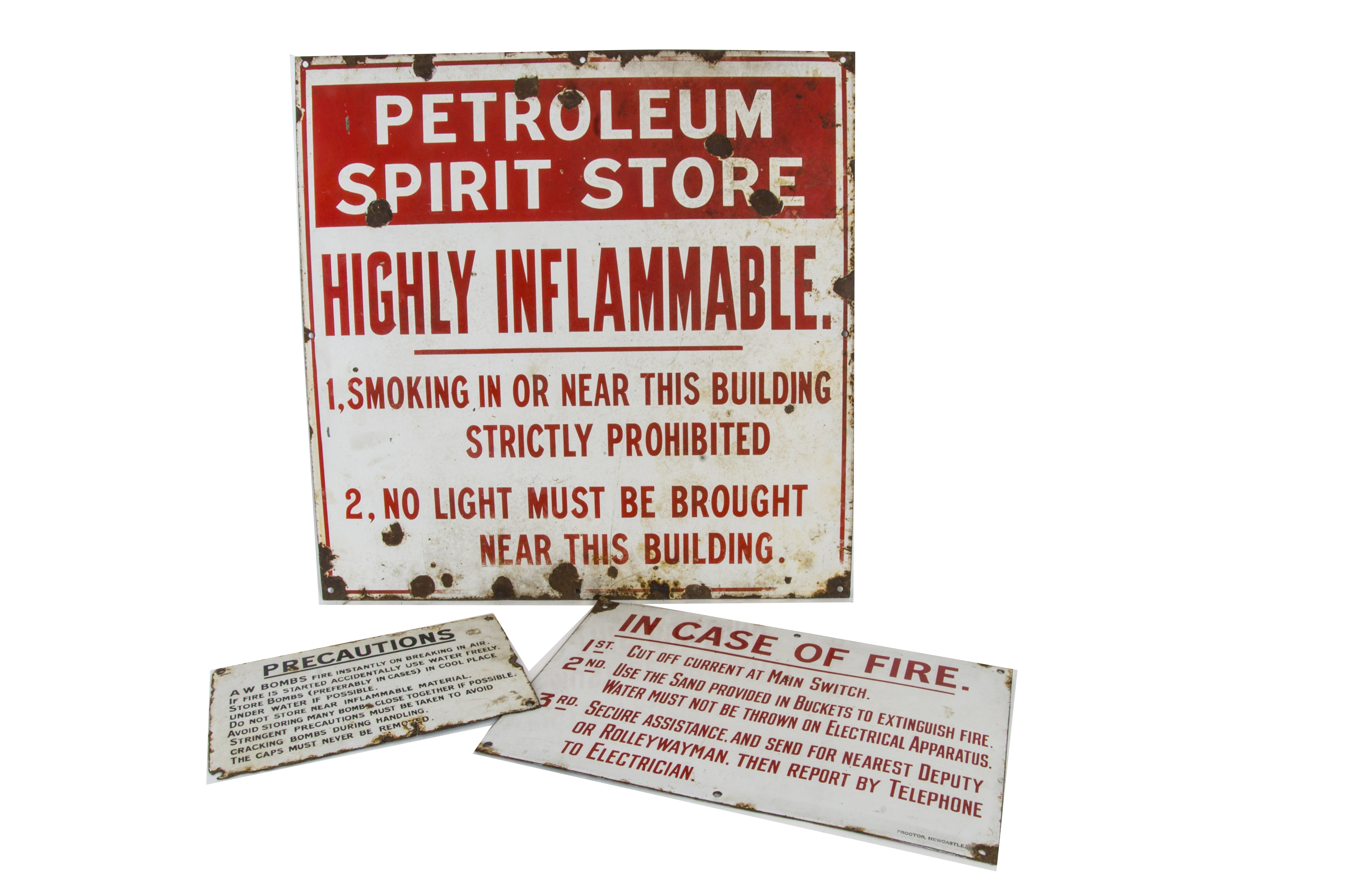 Original Enamelled Warning Notices, three signs Petroleum Spirit Store and In Case of Fire by