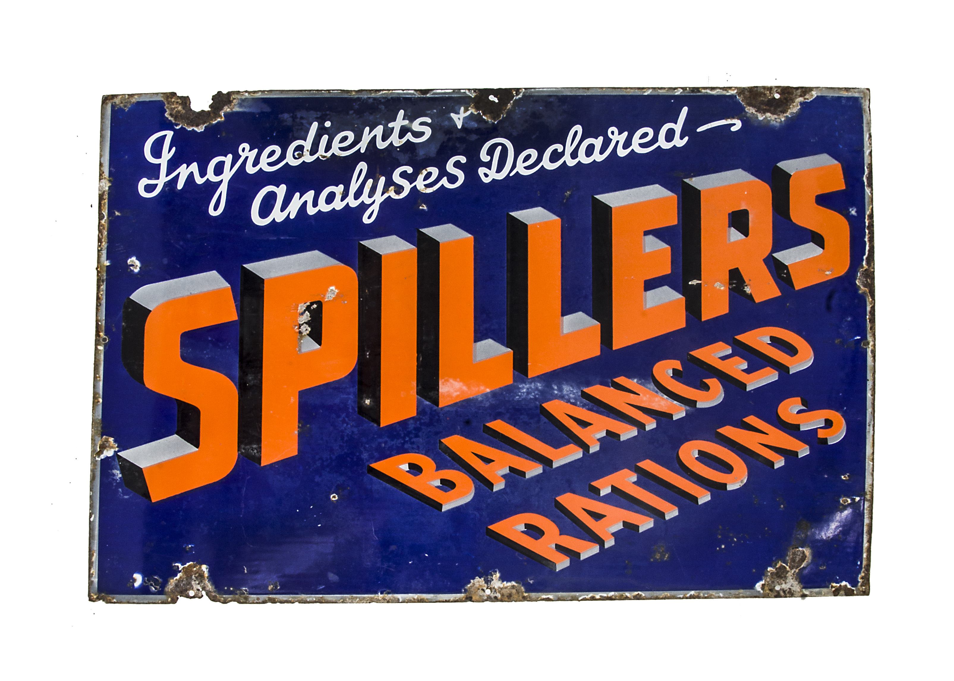 Original Enamelled Spillers Advertising Sign, orange lettering on a blue ground inscribed