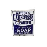 Original Enamelled Watson's Matchless Cleanser Advertising Sign, blue and white lettering on a