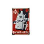 Original Enamelled German PGS Propangas Advertising Sign, a pictorial example with black and white