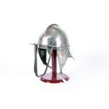 An English Civil War Cromwell Period style lobstertail reinactment helmet, having face guard, fold