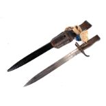 A WWI German EB 47 bayonet, complete with black painted steel scabbard, brown leather frog and knot