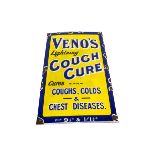 Enamelled Venos Advertising Sign, Venos Lightning Cough Cure, some enamel loss, 13" wide x 22" high,