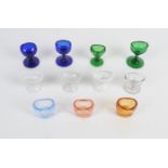 Eyebaths, large collection, mostly blue, green, white or clear moulded glass (apx. 100), with ground