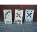 Original Pre Warboys Road Signs, three signs black on white comprising alloy Cross Roads and Bend,