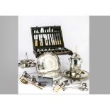 A collection of Victorian and later silver plated items, including a bottle holder, a pear