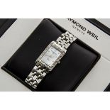 A modern Raymond Weil Tango stainless steel lady's wristwatch, 18mm wide rectangular case set with