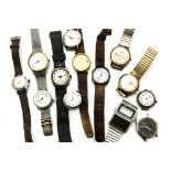 A collection of twelve wristwatches, including a Pluto silver trench style, a gilt watch marked