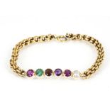 A 9ct gold REGARD bracelet, the gemstones in collet settings on a belcher link bracelet, 17cm, 7.2g