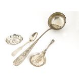 Four items of 19th and 20th Century continental silver, including a soup ladle marked 800, a Swedish