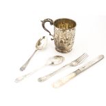 A Victorian three piece silver Christening set by Walker & Hall, engraved and the knife with