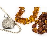 Two Baltic amber string necklaces, 75g, a Continental white metal open faced fob watch in