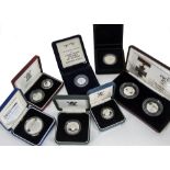 Nine modern Royal Mint silver and silver proof coins, all in cases, including 1982 piedford 20p, two