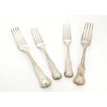 A Harlequin part set of George IV period forks, each stylised fiddle pattern with shell motif,