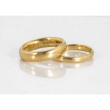 Two D shaped 22ct gold wedding bands, size K 1/2 and L, 10g