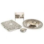 Five collectable items of Victorian and later silver, including an Edwardian novelty stamp holder in